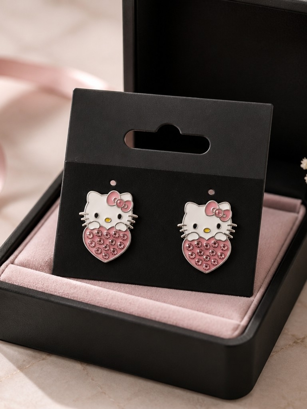 Hello Kitty Pink Heart Crystal Stud Earrings